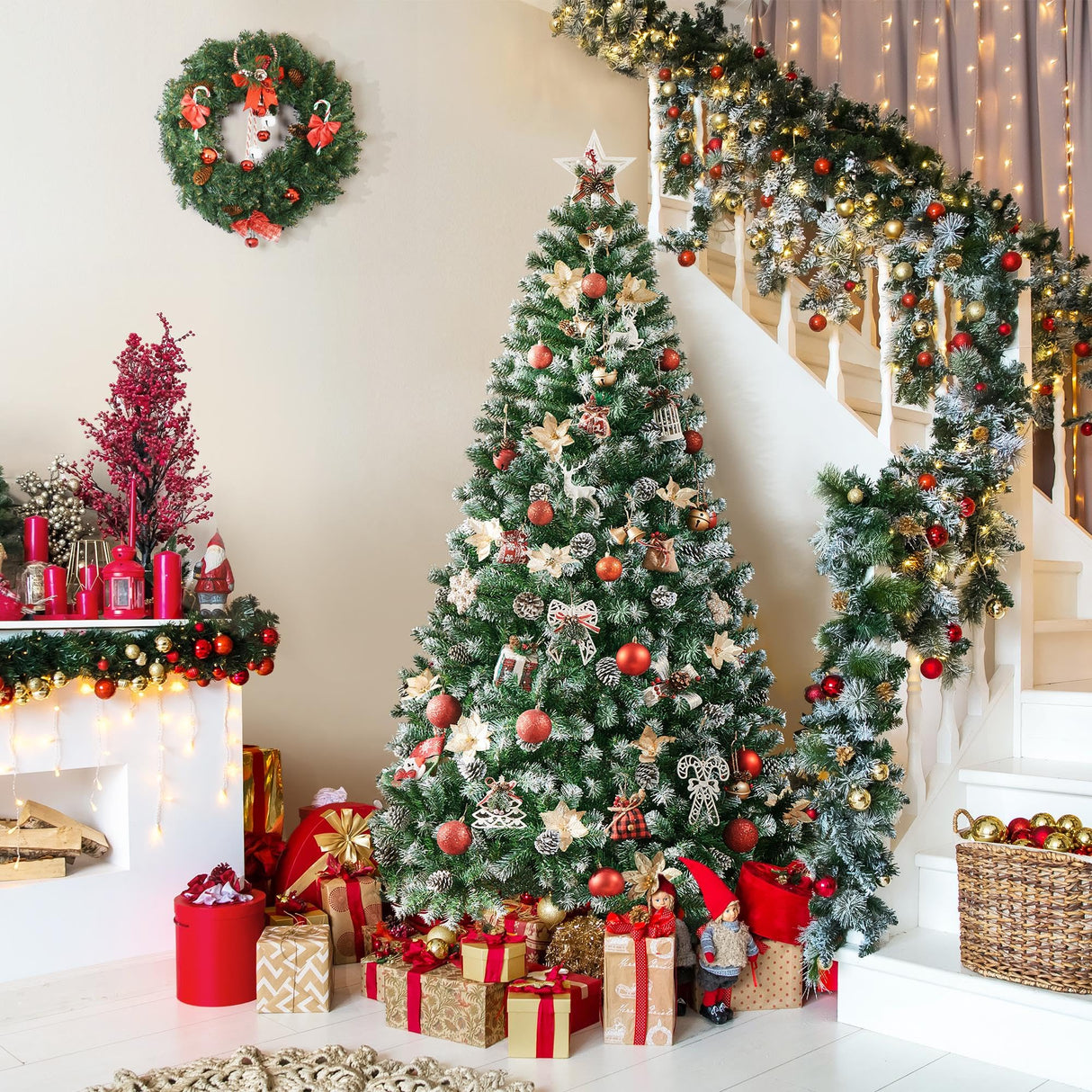 Yaheetech 6ft Artificial Christmas Tree, Snow Flocked Christmas Tree w/64 Pinecones, 920 Frosted Tips, Pre-Decorated Tree for Holiday Party Decoration Yaheetech