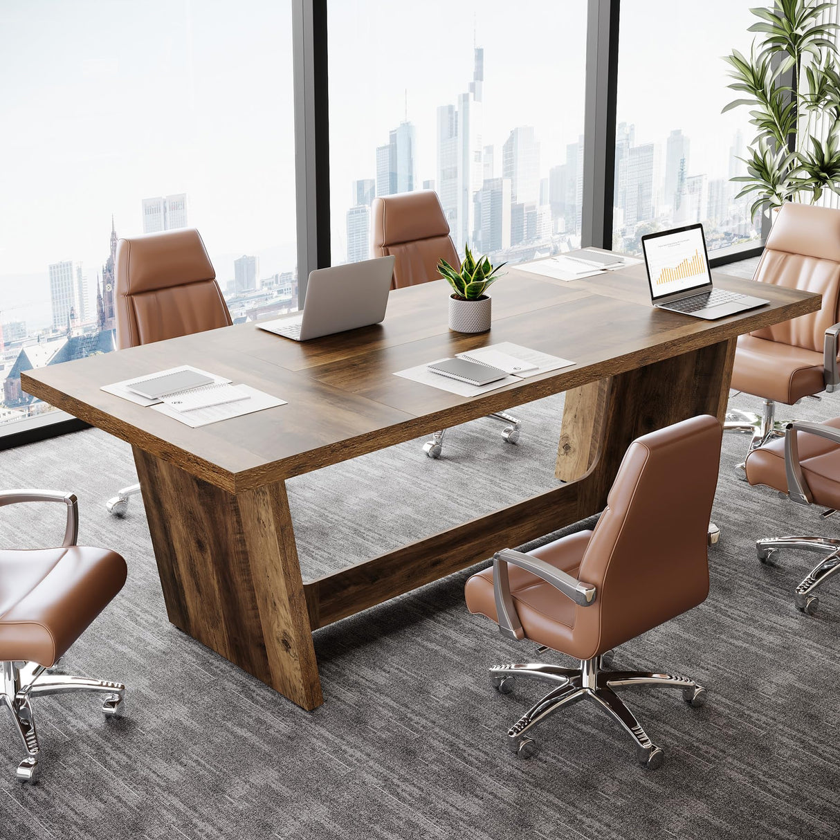 Tribesigns 6FT Conference Table, 71” Rectangular Executive Meeting Table for Office, Large Sturdy Business Desk with Solid Wooden Pedestal, Industrial Seminar Table, Dark Brown Tribesigns