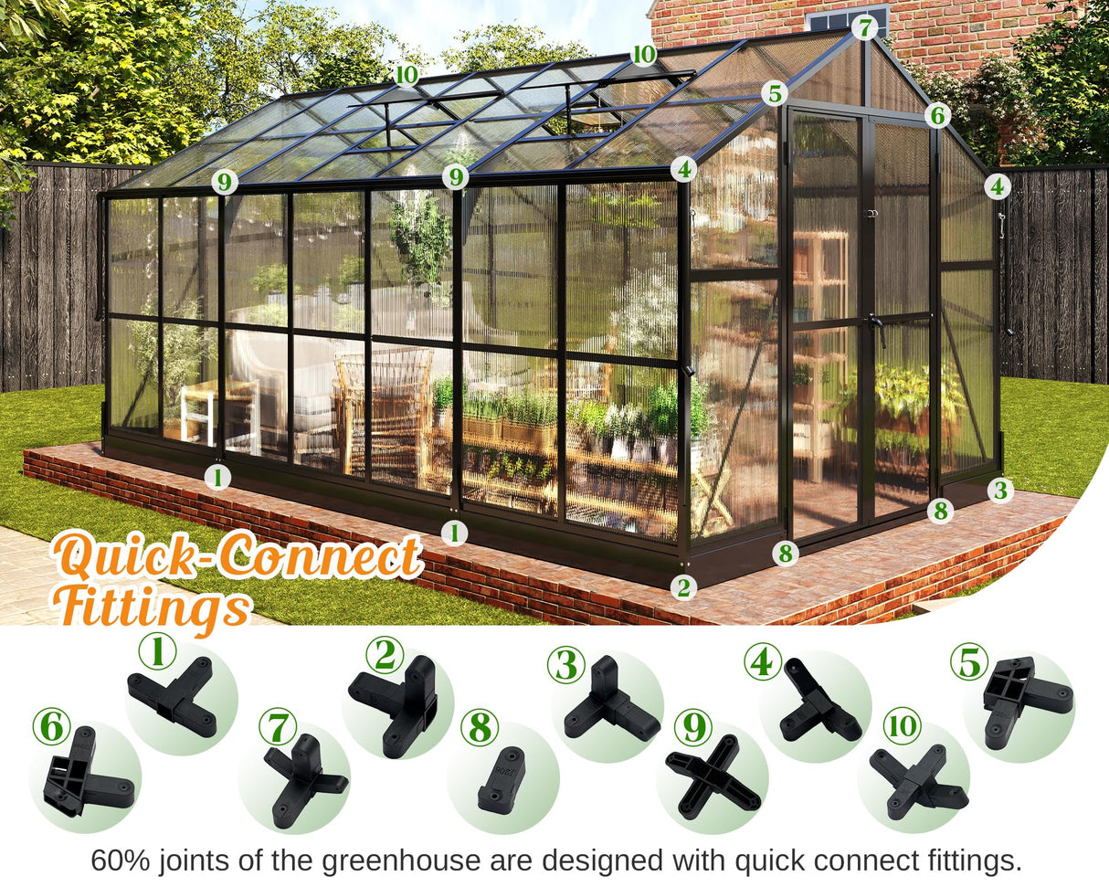 PaPaJet 8x14 FT Polycarbonate Greenhouse with Quick-Connect Fittings, Walk-in Large Aluminum Greenhouse with 2 Swing Doors, Winter Greenhouse for Outdoors Black PaPaJet