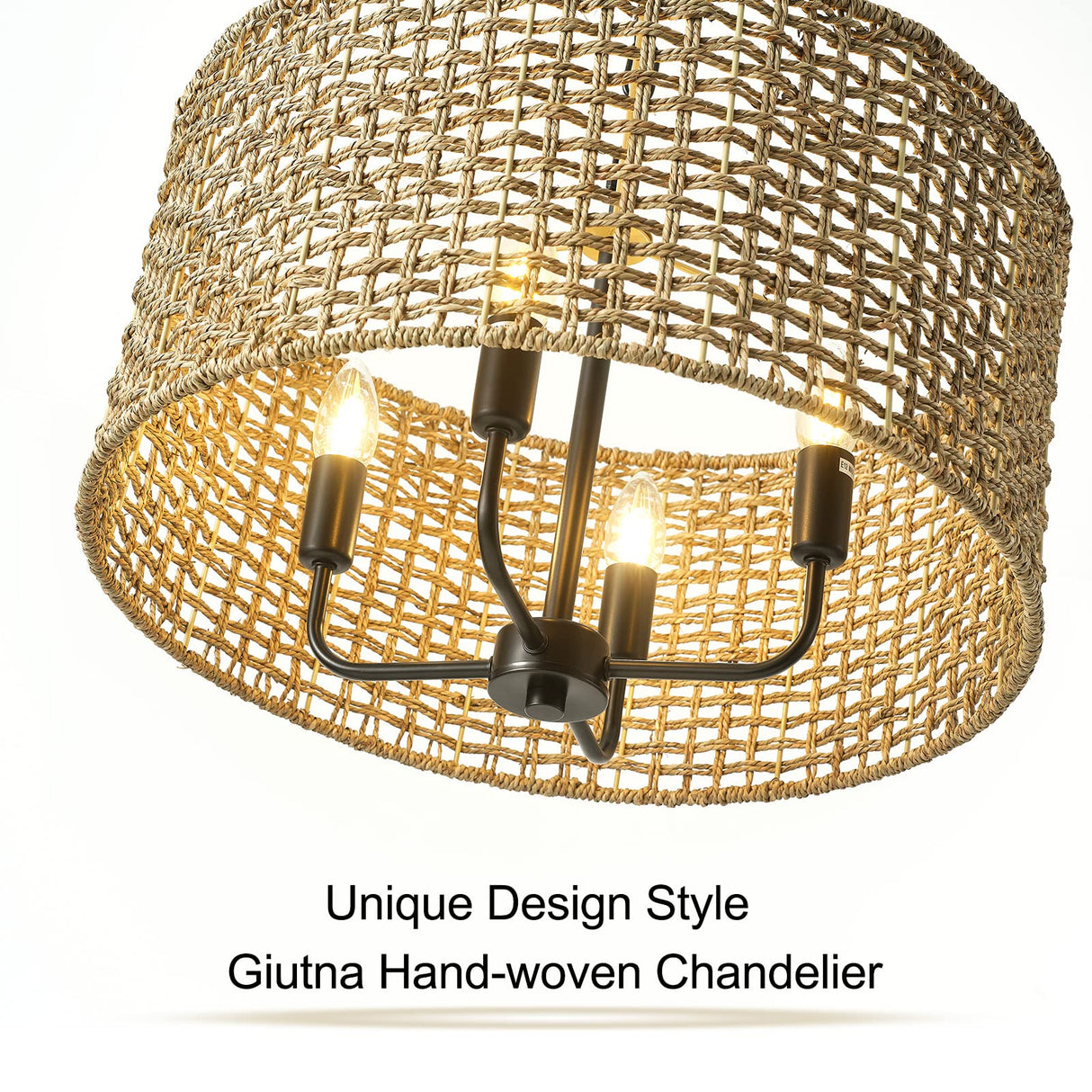 Giutna Rattan Wicker Drum Chandeliers for Dining Room, 4-Light Bohemian Hand-Woven Farmhouse Drum Pendant Chandelier Light Fixture for Entryway Living Room Kitchen Stairway Bedroom Hallway Giutna