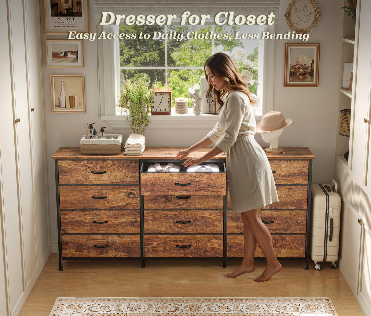 Huuger 63 Inch Long Dresser for Bedroom, TV Stand for 65, 70 Inch TV, 12 Drawer Dresser for Closet, Chest of Drawers, Large Fabric Drawers for Bedroom, Media Console, Rustic Brown Huuger