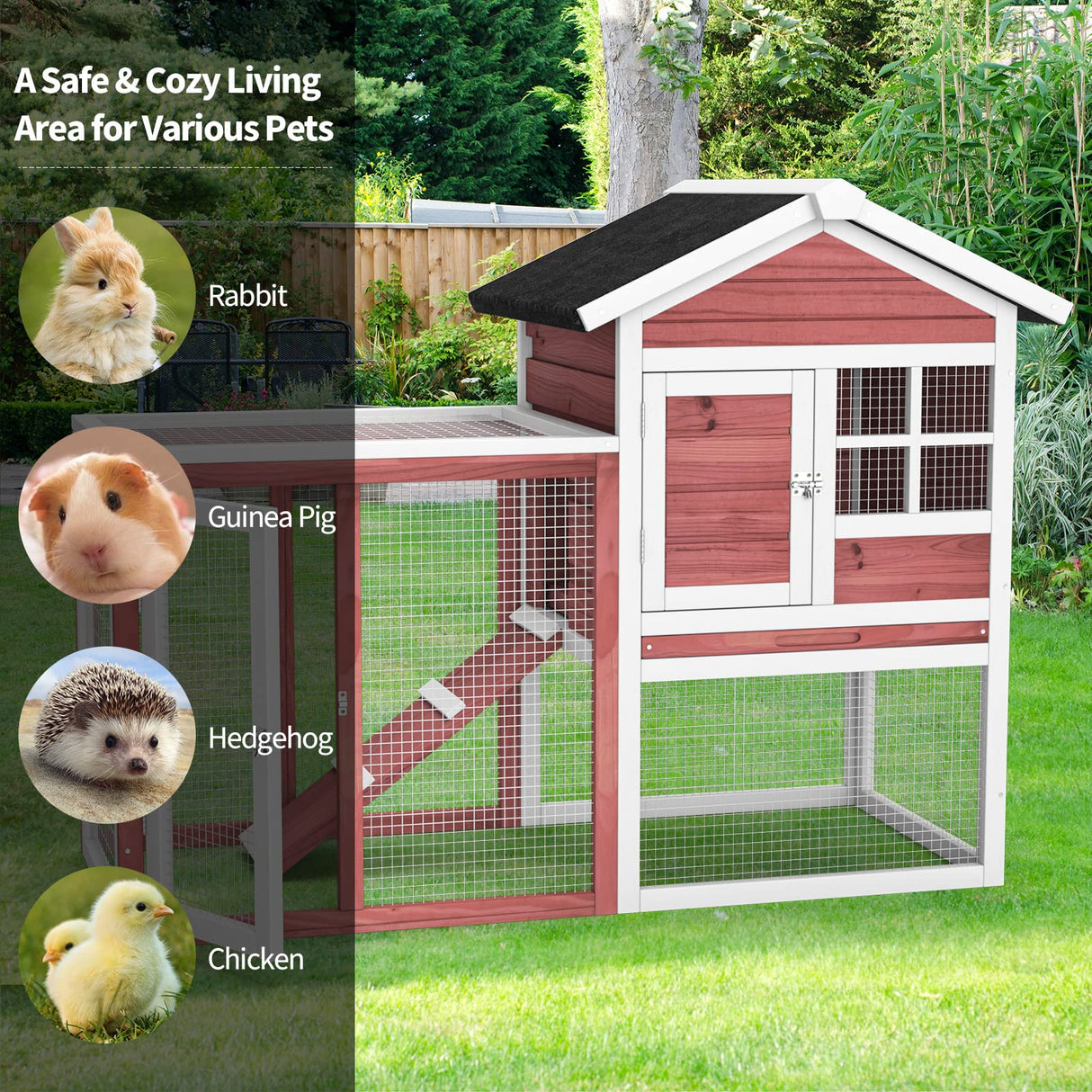 Tangkula Wood Rabbit Hutch, Outdoor Indoor Bunny Cage with Run, Removable Tray, Ramp, Ventilate Door, Waterproof Roof Chicken Coop Pet House for Chicken Rabbit Guinea Pig, 48.5 x 25 x 37 Inch, Red Tangkula