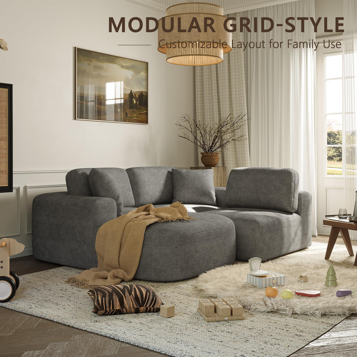 Dowinx 107'' Modular Sectional Sofa Couch with Chaise, No Assembly Required, Modern Bouclé-Inspired Upholstery, Convertible L-Shaped Design for Living Room – Charcoal Grey Dowinx