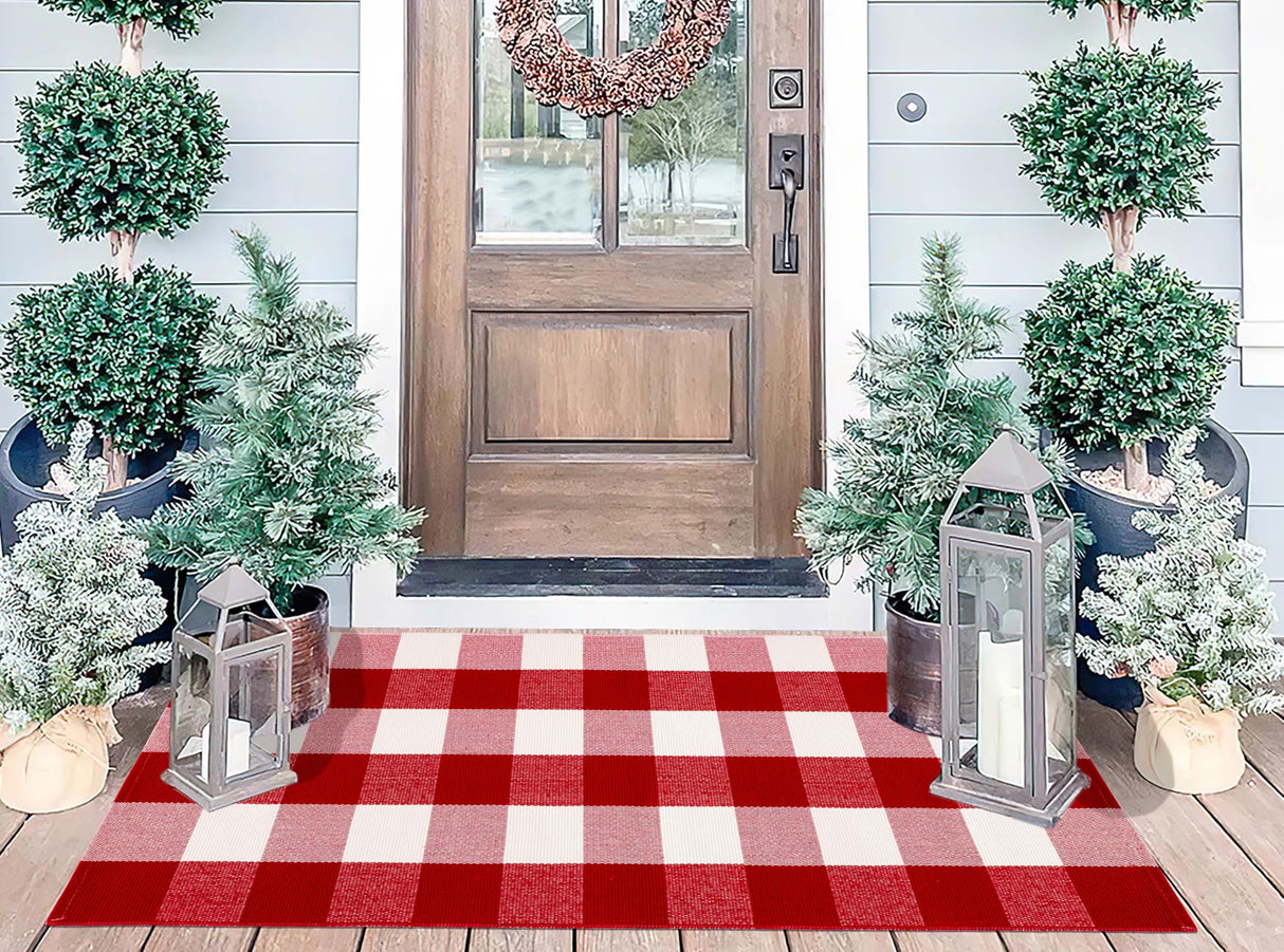 Christmas Outdoor Rugs 24 x 51''Red White Buffalo Plaid Front Porch Rug Hand-Woven Machine Washable Indoor/Outdoor Layered Door Mats for Entryway/Bedroom/Outdoor BUAGETUP