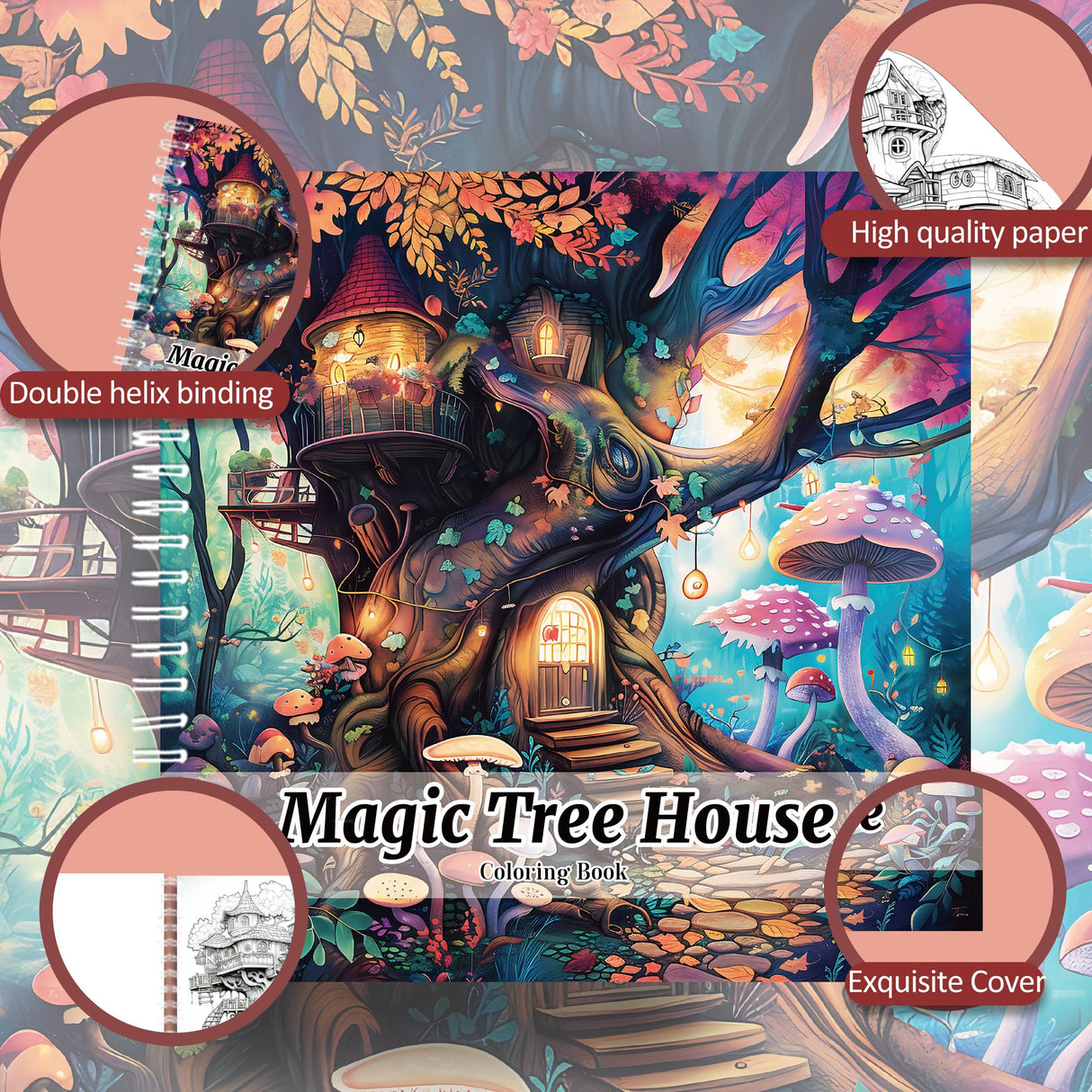 Spiral Bound Adult Coloring Book, 24 Pages Magic Treehouse Coloring Books for Relaxation and Stress Relief, Single Sided Pages Thick Paper Mindfulness Adult Coloring Book WoodArtSupply