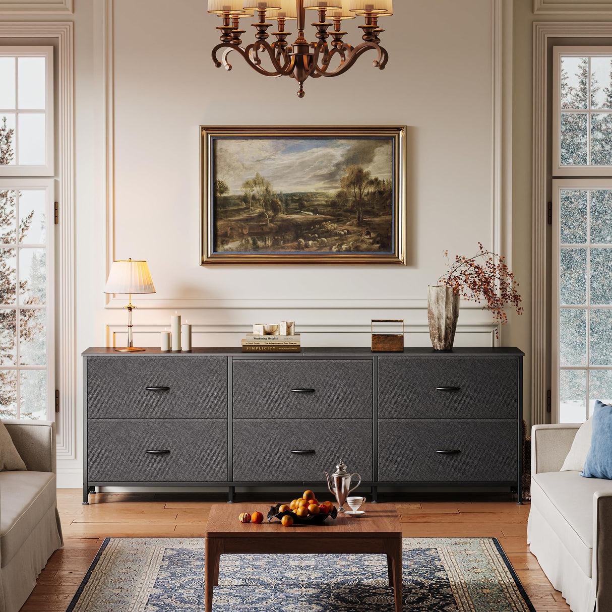 Huuger 63 Inch Long Dresser for Bedroom, Wide TV Stand for 55, 65, 70 Inch TV, 6 Drawer Dresser for Closet with Fabric Drawers, Storage Organizer for Bedroom, Entryway, Black Huuger