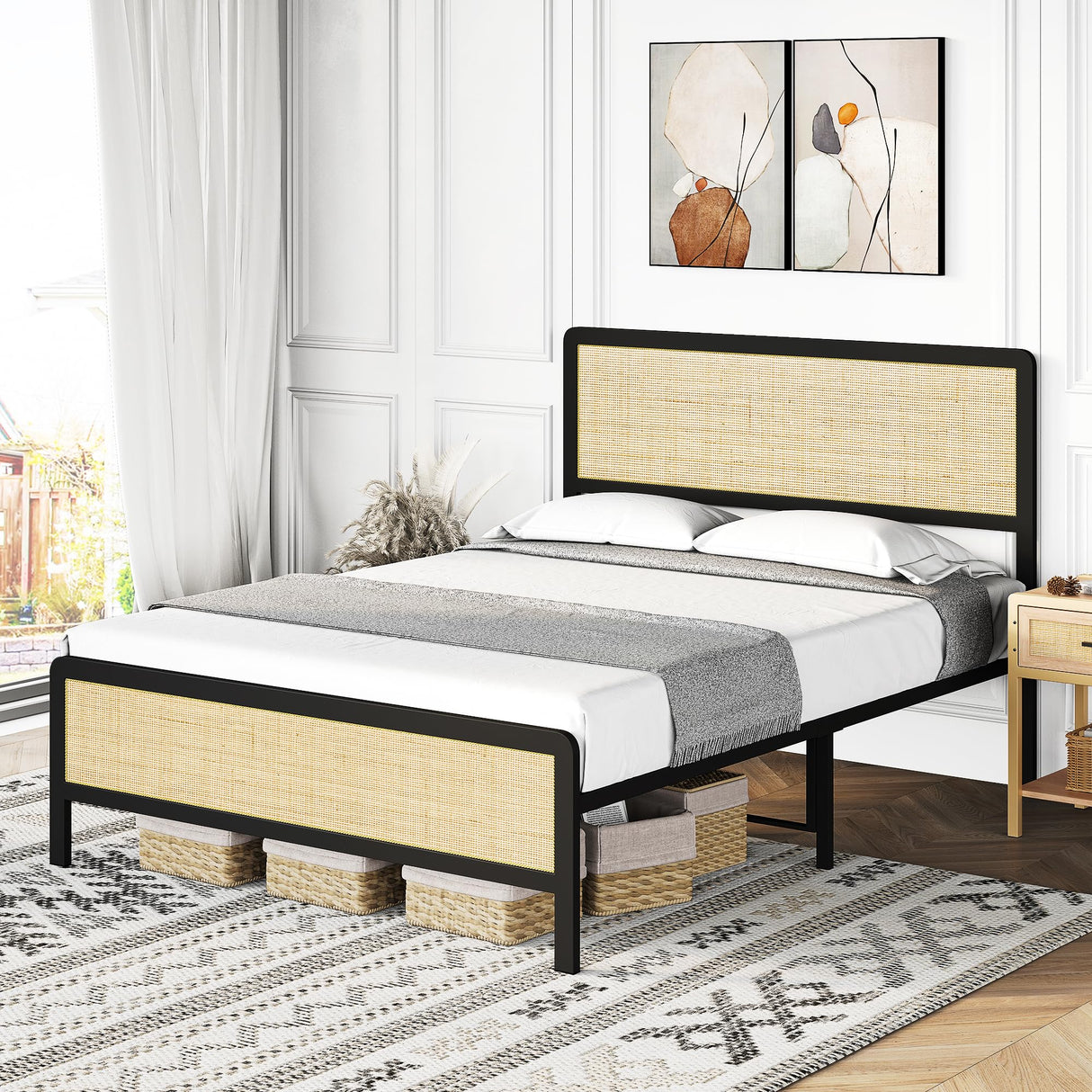 Amyove Full Size Bed Frame with Natural Rattan Headboard, Bohemian Platform Bed Frame with Strong Metal Slats Support, Boho Cane/Mattress Foundation/No Box Spring Needed Amyove