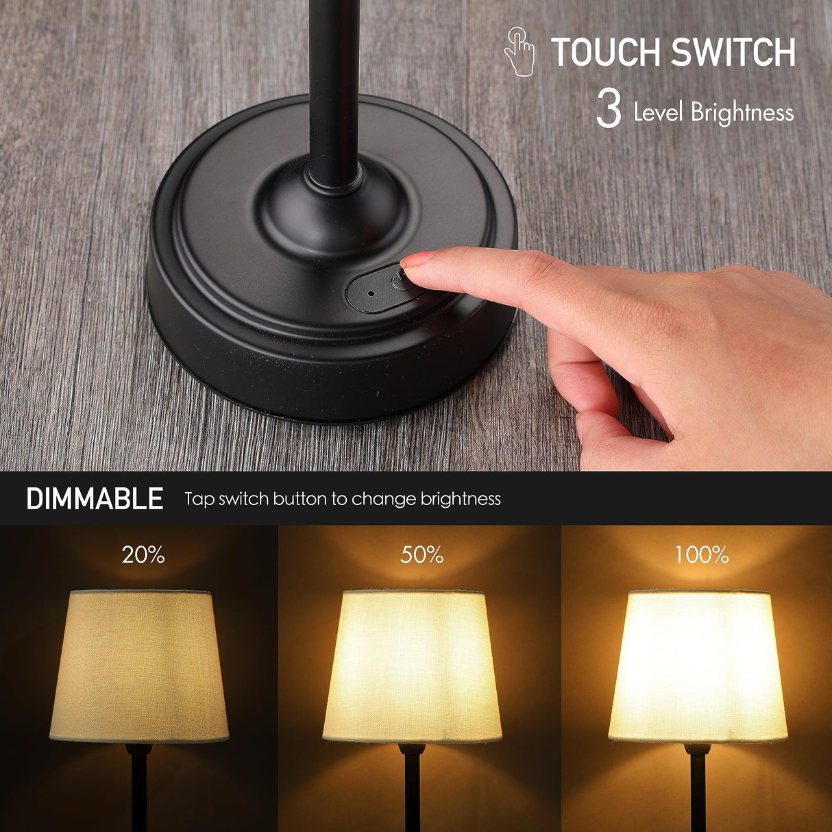 O’Bright Seraph - Cordless LED Table Lamp with Dimmer, Built-in Rechargeable Battery, 3-Level Brightness, Patio Table Lamp, Bedside Night Lamp, Ambient Light for Restaurant, Black O'Bright