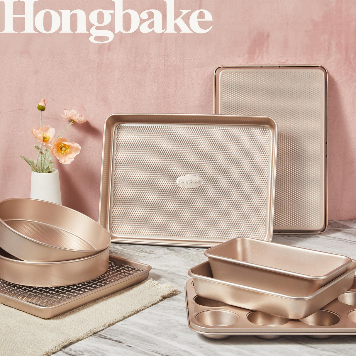 HONGBAKE 9-Piece Baking Pans Set Nonstick, Stackable Non Toxic Bakeware Sets with Diamond Texture, Oven Pan Set for Cooking, Includes Cookie Sheet with Rack, Cake Pan, Roasting Pan, Muffin Pan, Gold HONGBAKE