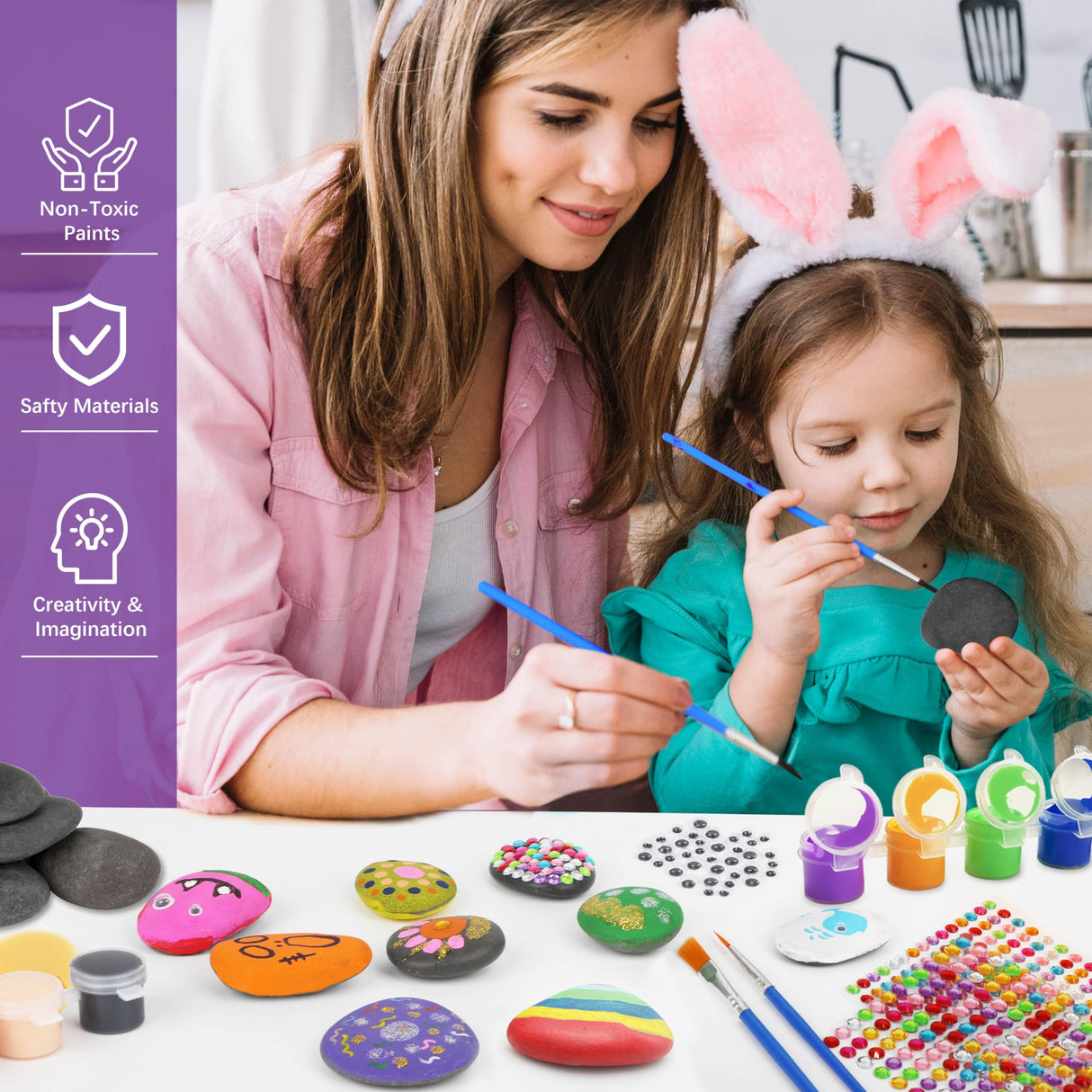 Halobios Rock Painting Kit, 55Pcs Rock Painting Supplies, Craft Kits with 12 Rocks, Painting Rocks for Adults, Arts and Crafts for Kids Ages 6-12, Art Supplies for Birthday Children's Day Gifts Halobios