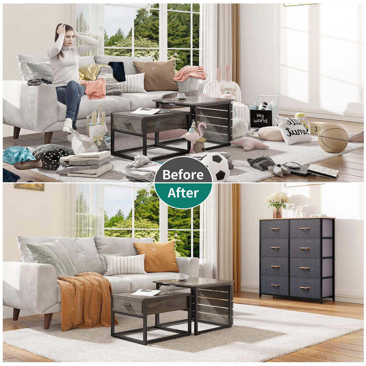 DWVO Dresser for Bedroom, Fabric Dresser with 8 Drawers, Tall Dresser, Double Dresser, Chest of Drawers for Closet, Living Room, Sturdy Steel Frame, Wooden Top, Easy Pull Handle DWVO