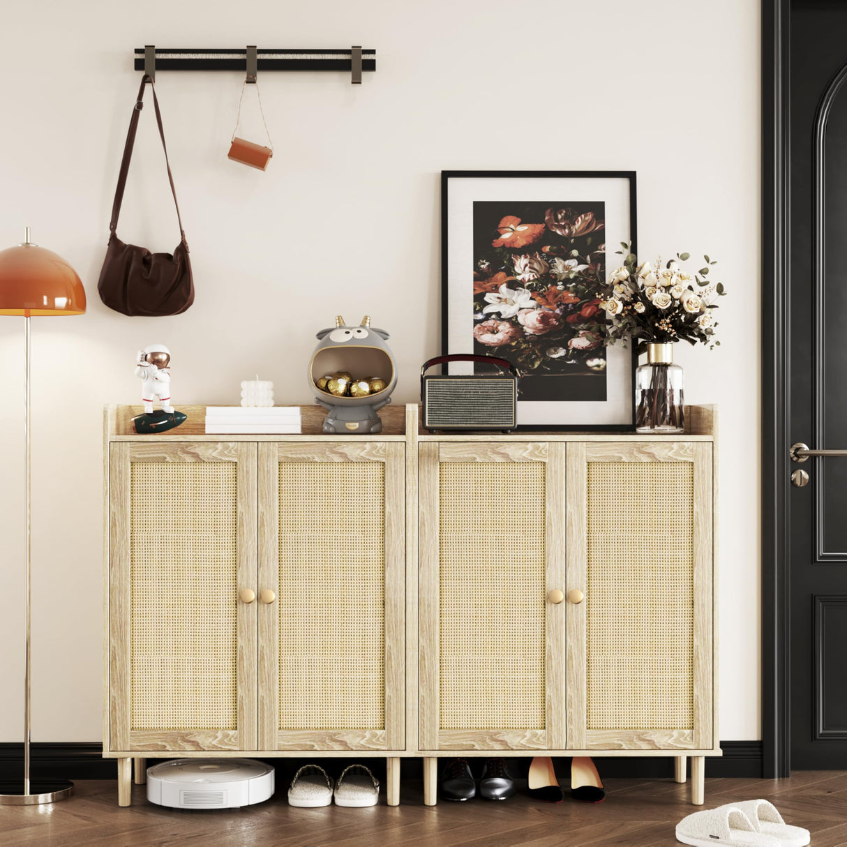 Shoe Cabinet - Rattan Shoe Cabinet for Entryway, Shoe Storage Cabinet with Adjustable Shelves, Natural Shoe Cabinet, Farmhouse Freestanding Wood Shoe Rack Organizer for Closet, Living Room, Hallway IANUE