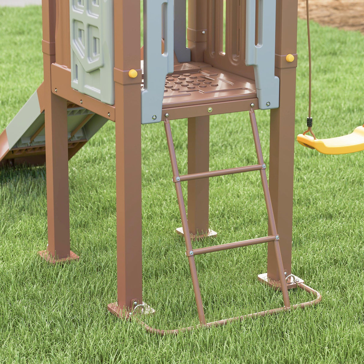 Qaba Kids Swing Set for Backyard, Playground Set with 6 FT Slide, 2 Adjustable Swings, Fort with Canopy, Ladder, Outdoor Playset with Ground Stakes for Ages 3-8, Brown Qaba