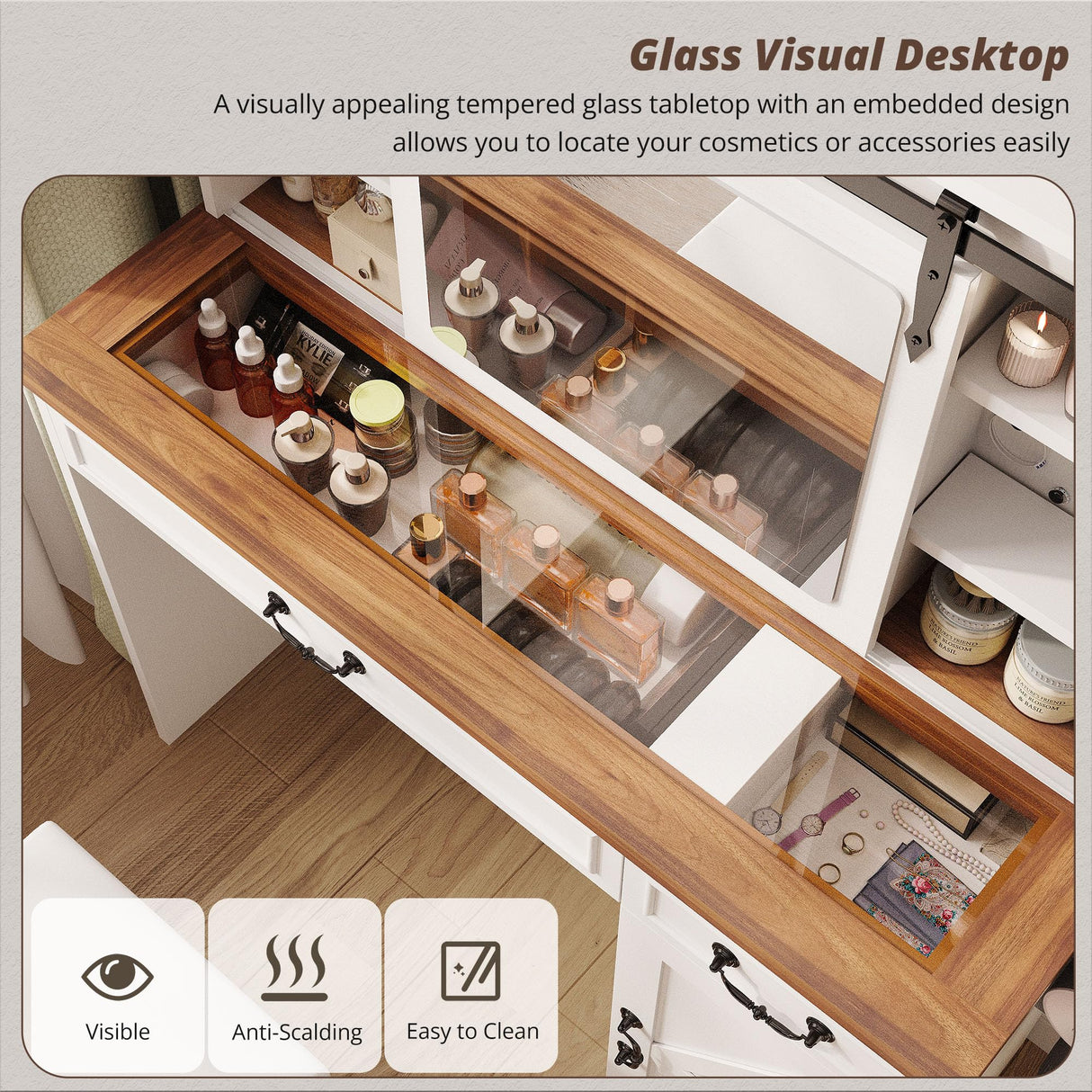 IRONCK Farmhouse Makeup Vanity Desk with Sliding Mirror and Lights,41" W Vanity Desk with Glass Tabletop&Charging Station &Drawers, Rustic Big Vanity Set for Bedroom, Stool Included, White/Walnut IRONCK