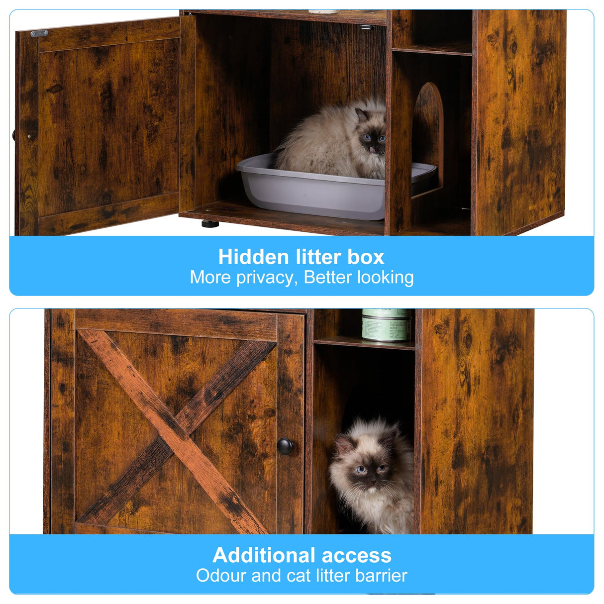 Hey-brother Cat Tree with Litter Box Enclosure, Modern Cat Tower for Indoor Cats with Large Platform, Condo Food Station and 2 Hammocks, All-in-one Cat Furniture, Wood Rustic Brown MPJ115SR Hey-brother