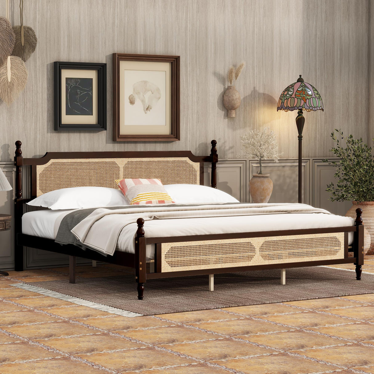 DNChuan King Size Platform Bed with Retro Style Rattan Headboard and Footboard,4-Post Wood Bed Frame with Central Enhanced,No Box Spring Needed, Espresso DNChuan