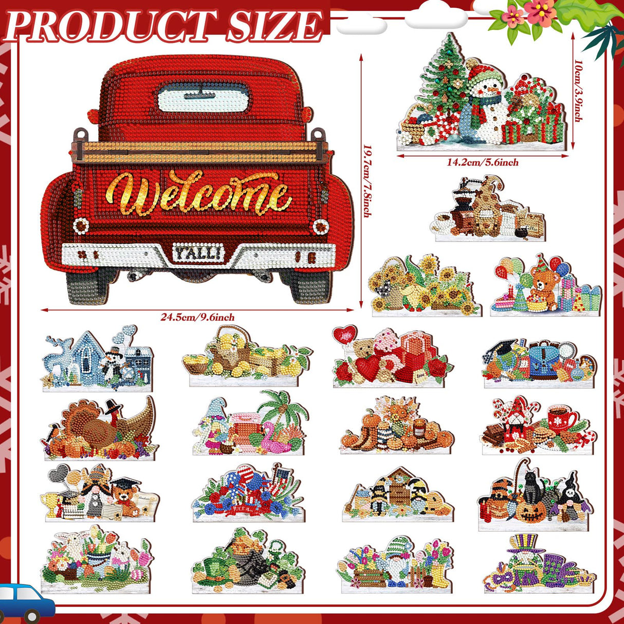 Burbell 21 Pcs Interchangeable Diamond Painting Welcome Sign for Front Door Diamond Painting Truck Decor Interchangeable Seasonal Welcome Sign for DIY Art Kit Wall Window Door Farmhouse(Red) Burbell