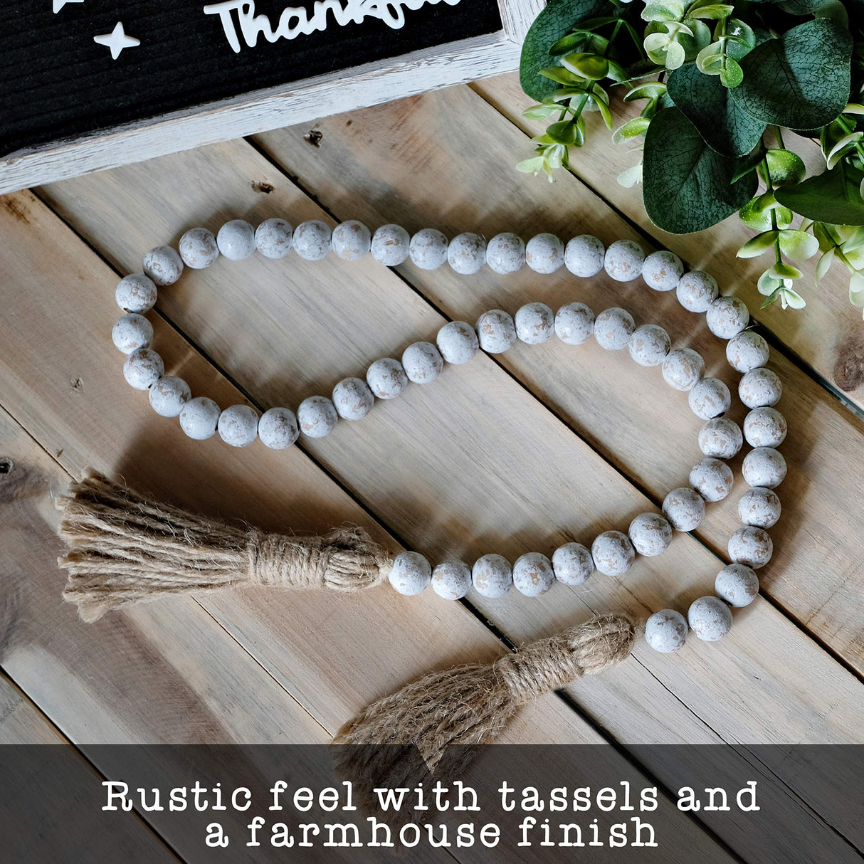 Farmhouse Wood Bead Garland Home Decor, Natural Wooden Garland for Tiered Tray, Decorative Tassel Garland for Tier Tray, Rustic Beads Centerpiece Boho Table Decor, Garland Beaded Accent White Washed MAINEVENT