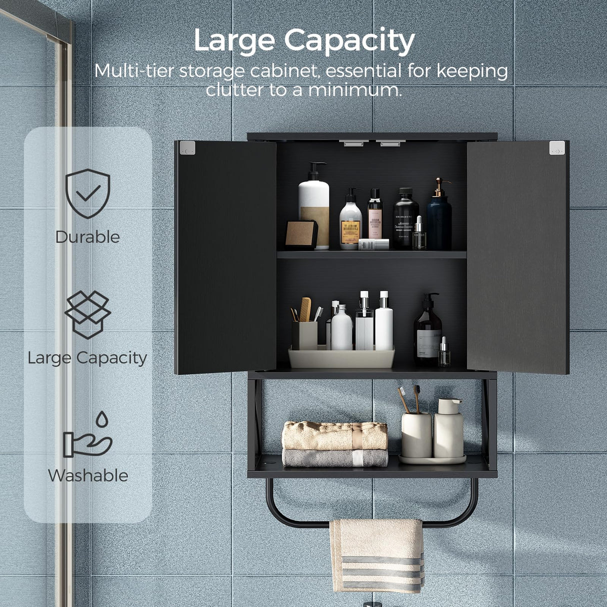 MAHANCRIS Bathroom Wall Cabinet with 2 Door and Adjustable Shelf, Farmhouse Medicine Cabinet with Towel Rack, 3-Tier Wall Mounted Storage Cabinet Over The Toilet for Bathroom Laundry Room, Black MAHANCRIS