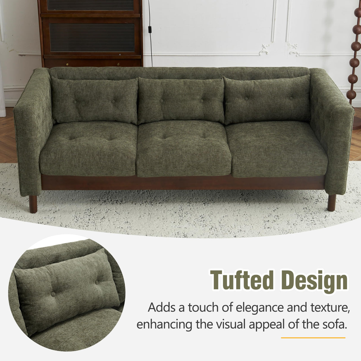 Christopher Knight Home Marloo 3 Seater Sofa Couch, Upholstered Couch, Linen-Like Tufted Back Sofa with Arm Rest, Rubberwood Legs, 78" Spacious Seating for Living Room Home Rest, Dark Green Christopher Knight Home