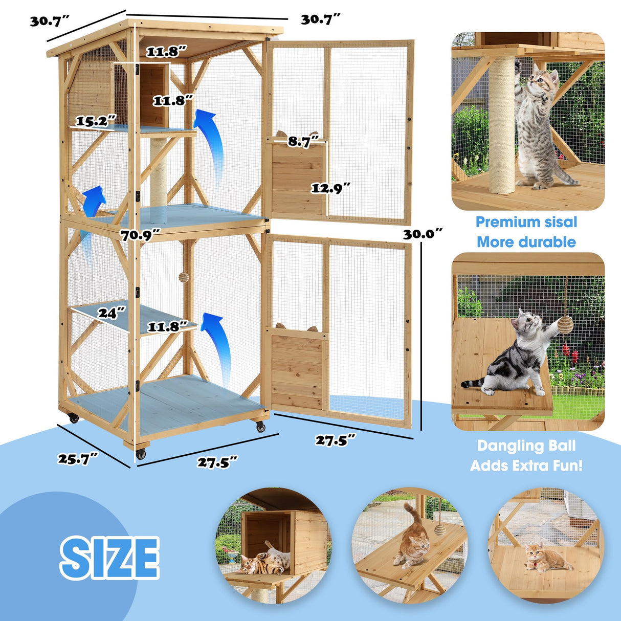 Dephet Catio Outdoor Cat Enclosure with Scratcher - 4-Tier Large Indoor Wooden Window Catio Cats House W/Asphalt Waterproof Roof, Wheels, Resting Box, Platforms, Kitten Toys Ball Dephet