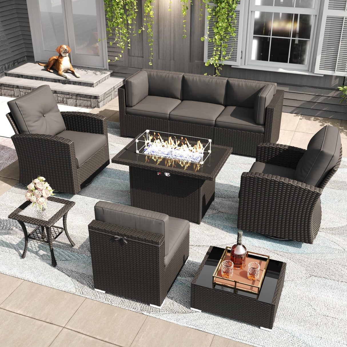 LayinSun 9 Pieces Patio Furniture Set with Fire Pit Table, Black Rattan Modular Sectional Outdoor Conversation Sofa Set, Swivel Rocking Chairs Set LayinSun