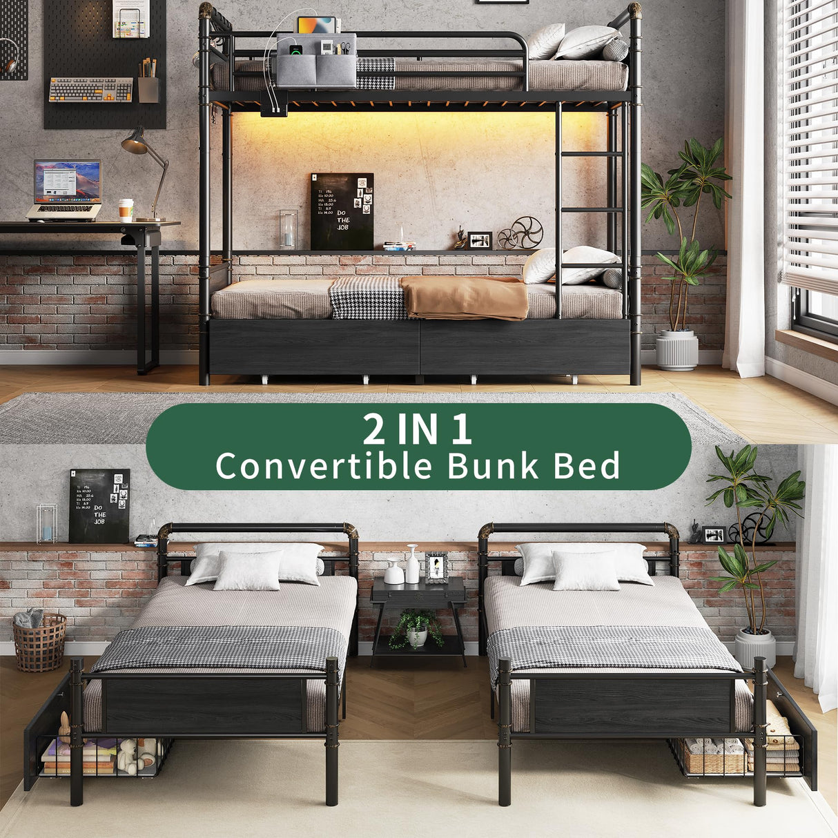 Jocoevol Metal LED Bunk Bed Twin Over Twin with 2 Storage Drawers, USB Charging Station, Industrial Bunkbeds Heavy Duty Bed with Safety Guardrail and Ladder, No Box Spring Needed, Black Jocoevol