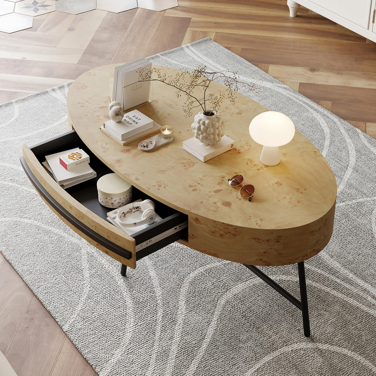 Oval Coffee Table with Drawer, Farmhouse Wooden Center Table 47.2" with Storage, Cross Metal Legs, Unique Curved Design, Center Tables for Living Room, Walnut Finish, Modern Rustic Accent Tea Table IDEALHOUSE
