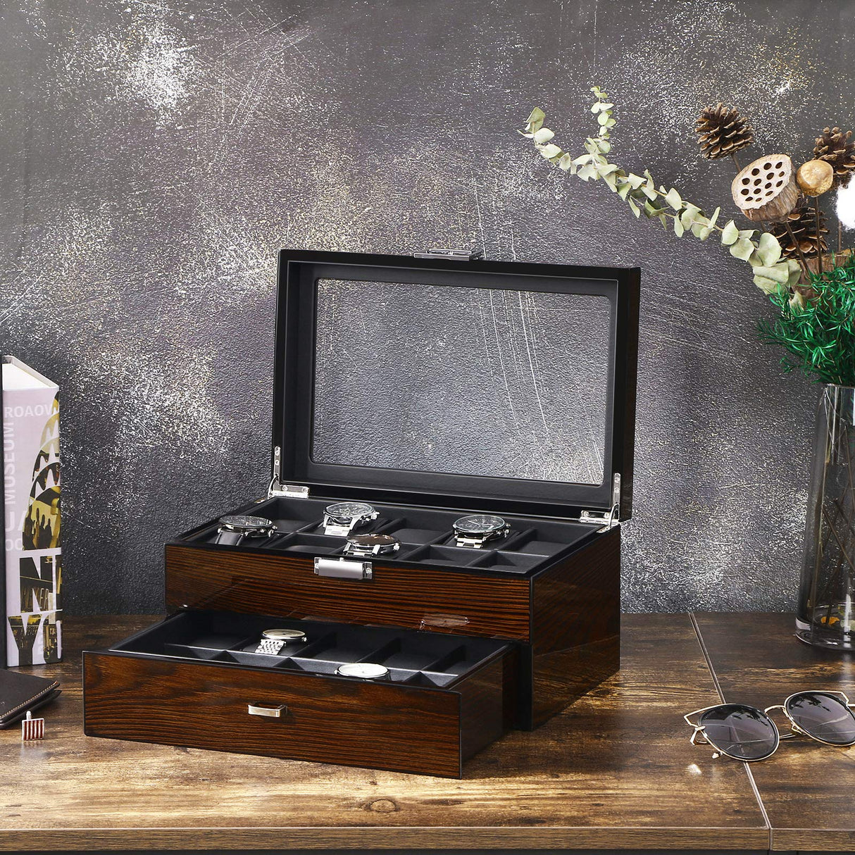 BEWISHOME Watch Box, 20 Slots Watch Case for Men - Luxury Watch Organizer with Glass Top,Smooth Faux Leather Interior, Brown SSH04Y BEWISHOME