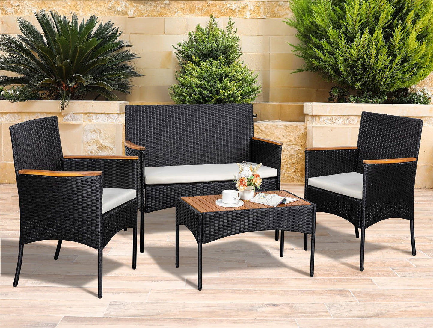 JAMFLY Patio Furniture Set 4 Piece Conversation Set Outdoor Wicker Rattan Chairs Backyard Pool Garden Porch Balcony Patio Loveseat with Cushions and Table, Black/Beige