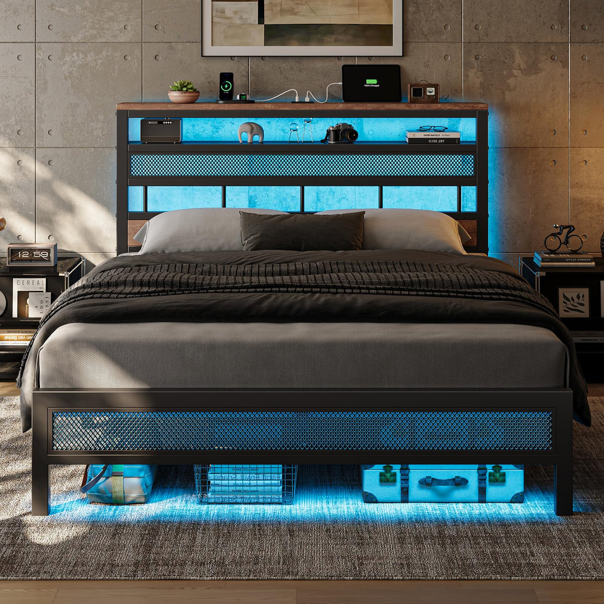 ZENBEDING Led Full Size Bed Frame with 2-Tier Headboard, Metal Platform Bed Frame with Storage Headboard, Mesh Full Bedframe with Charging Station, No Box Spring Needed (Rustic Brown) ZENBEDING