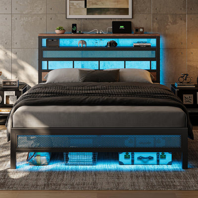 ZENBEDING Led Full Size Bed Frame with 2-Tier Headboard, Metal Platform Bed Frame with Storage Headboard, Mesh Full Bedframe with Charging Station, No Box Spring Needed (Rustic Brown)