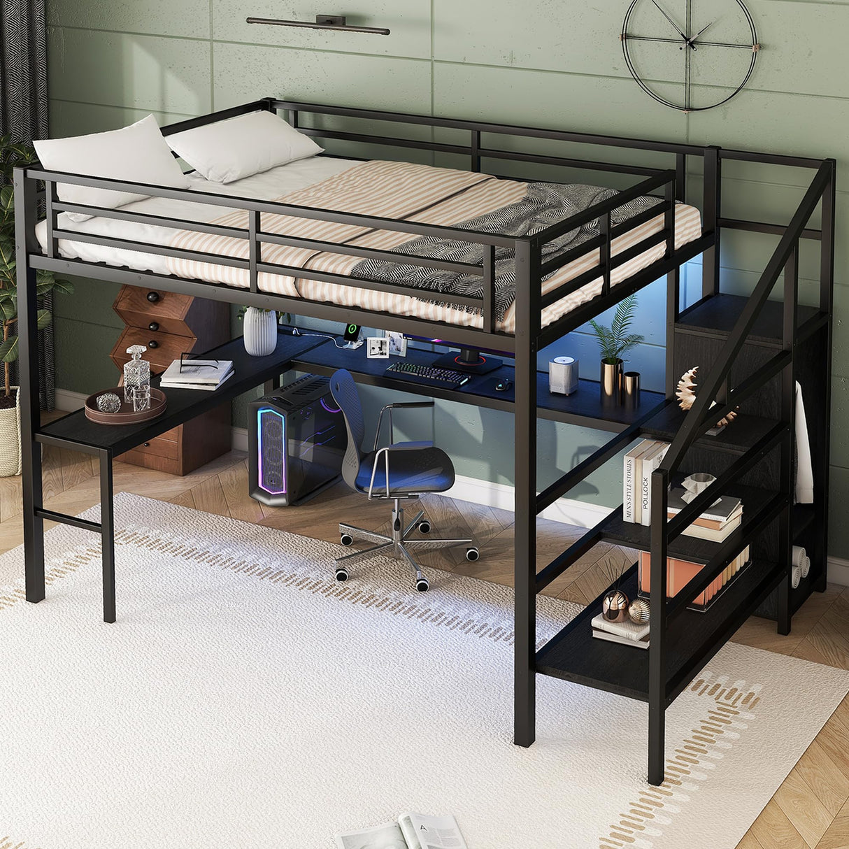 Queen Loft Bed with Stairs and Wardrobe, Queen Size Loft Bed with Desk and Storage, Metal Loft Bed with Charging Station and Light, Queen Size Loft Bed for Adults, Teens, Kids(Balck Queen) Bellemave