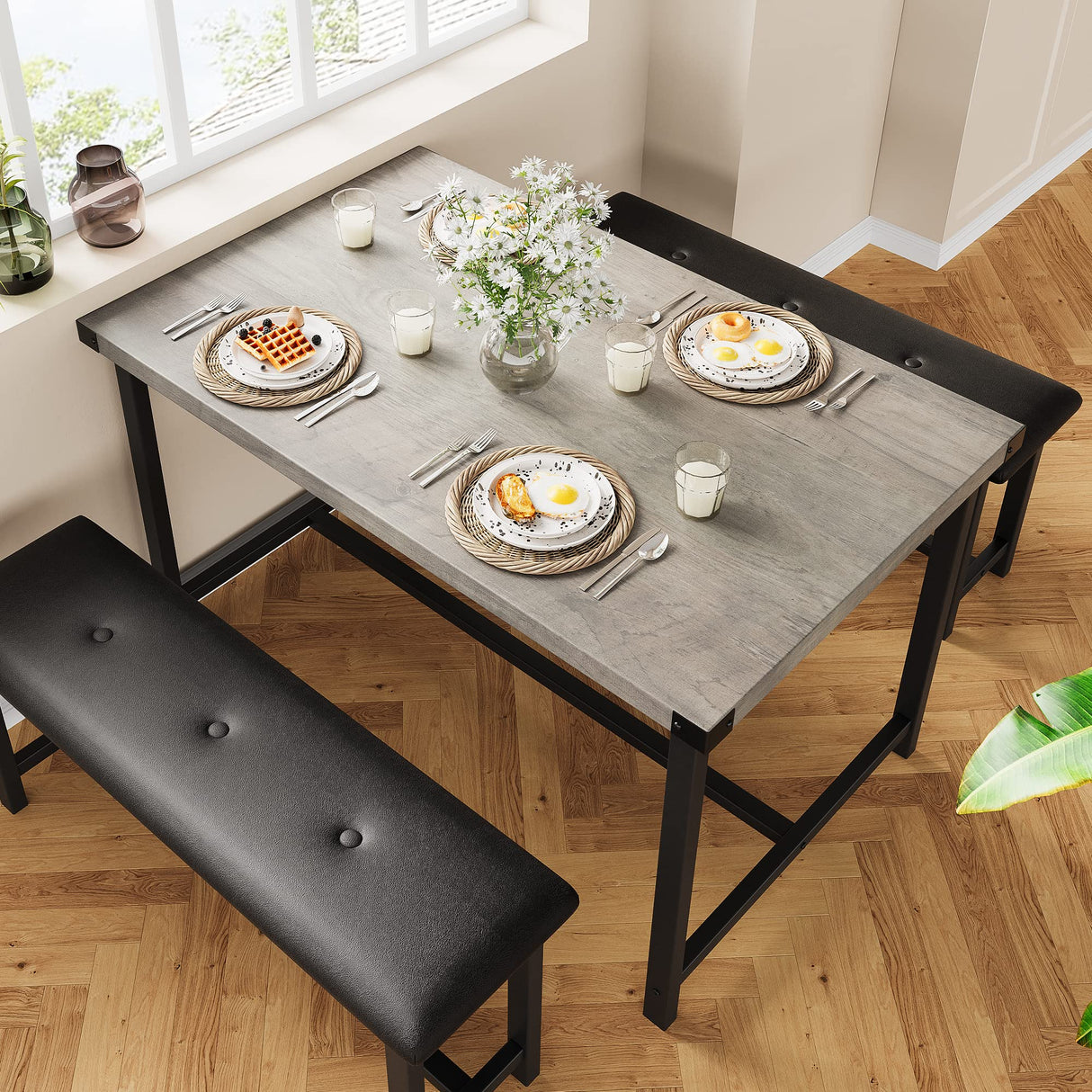 Alkmaar Farmhouse Dining 4 Kitchen Table Set with 2 Benches, Retro Gray Alkmaar