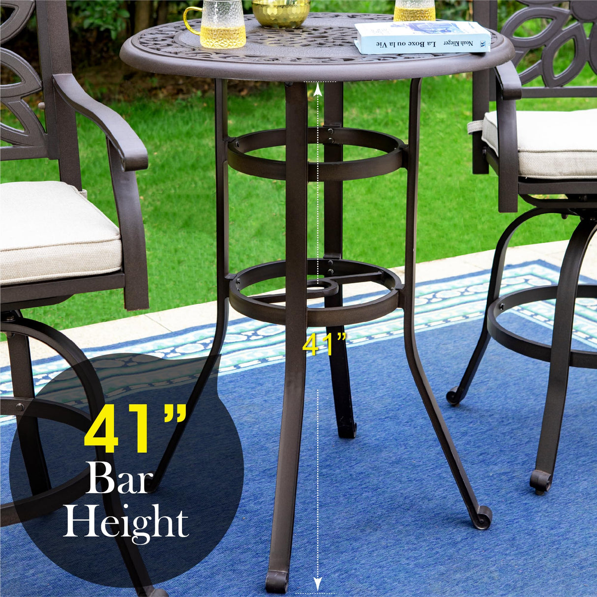 PHI VILLA 32" Cast Aluminum Patio Bar Table, 41" Height High Top Outdoor Table, Pub Height Bistro Round Table for Paito Lawn Garden, Brown PHI VILLA