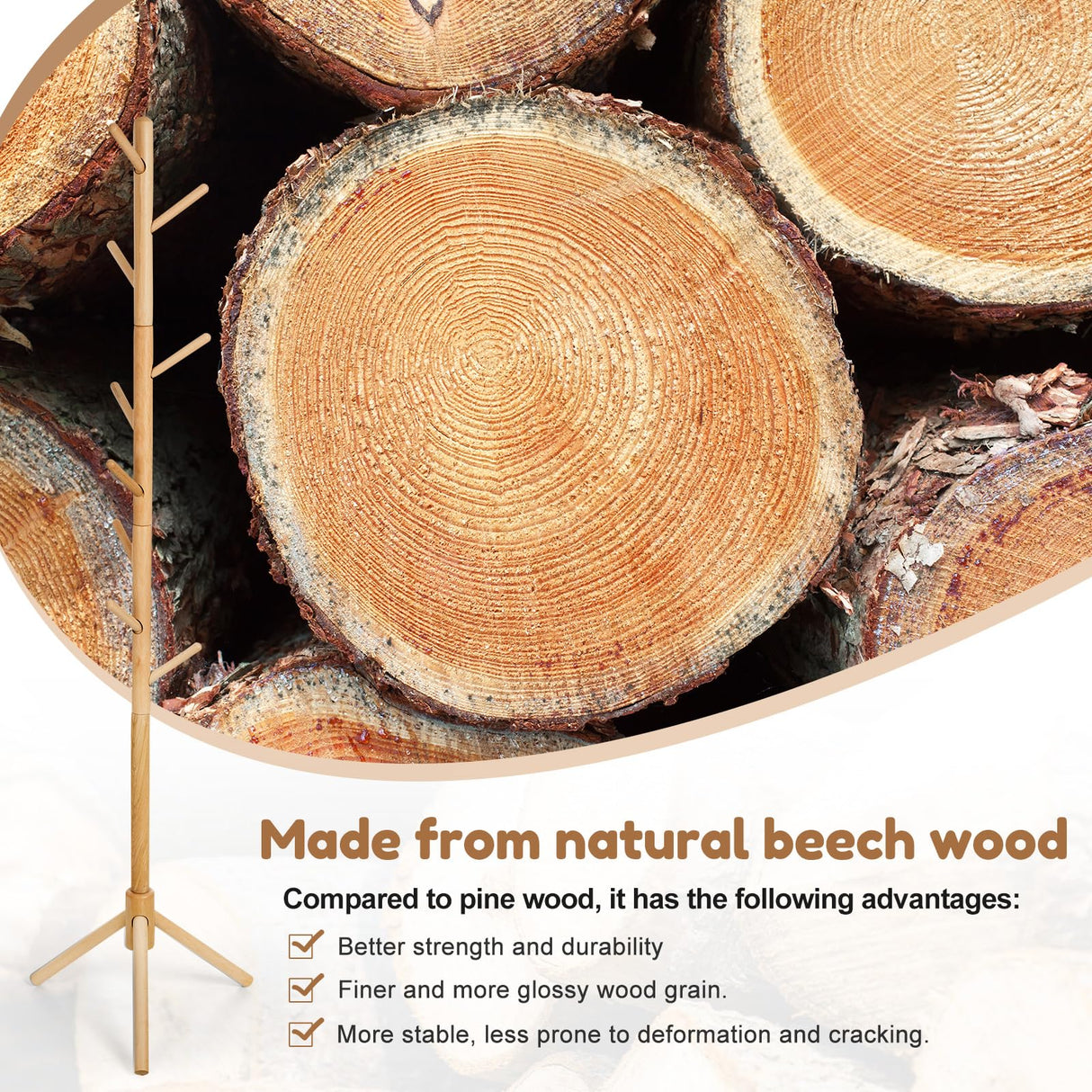 Cozivolife Kid's Coat Rack Stand Beech Wood Clothes Tree, Height Adjustable Freestanding Child Jacket Holder with 9 Hooks, Hanging Hats and Handbags, Hallway, Entryway,Bedroom, Easy Assembly (Natural) Cozivolife