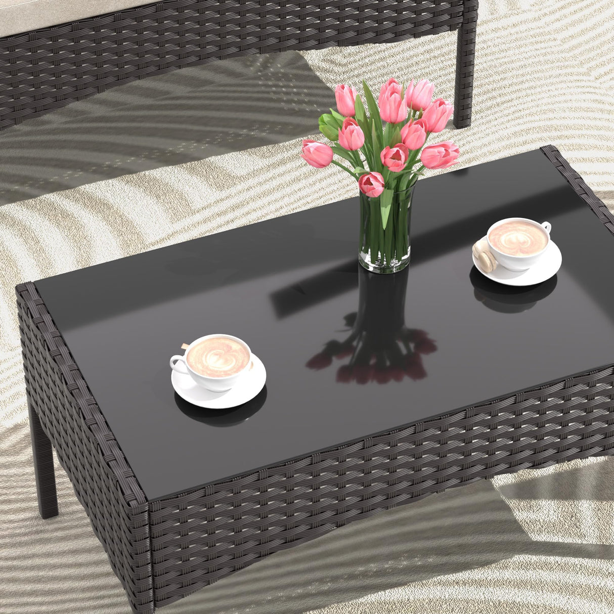 Gotland 8-Piece Outdoor Patio Furniture Set, Wicker Rattan Chairs & Sofa with Cushions and Glass Coffee Table, Conversation Set for Backyard, Lawn, Porch, Pool, Garden (Navy-1) Gotland