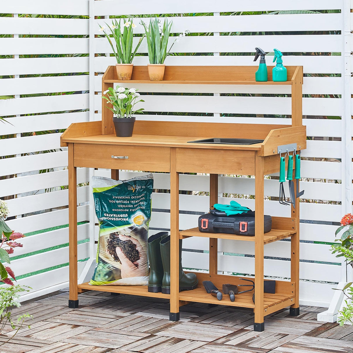 Topeakmart 45.2x17.7x47.6'' (LxWxH) Potting Benches Outdoor Garden Potting Table Work Bench with Removable Sink Drawer Rack Shelves Work Station, Wood Topeakmart
