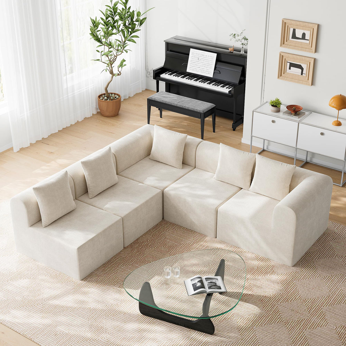 wanan 146'' Modular Sectional Couches for Living Room with Deep Seat, L-Shape Cloud Sofa Couch, High Density Memory Foam, Boneless Upholstered Couches, Easy Assembly (Warm White, 5 Seats) wanan