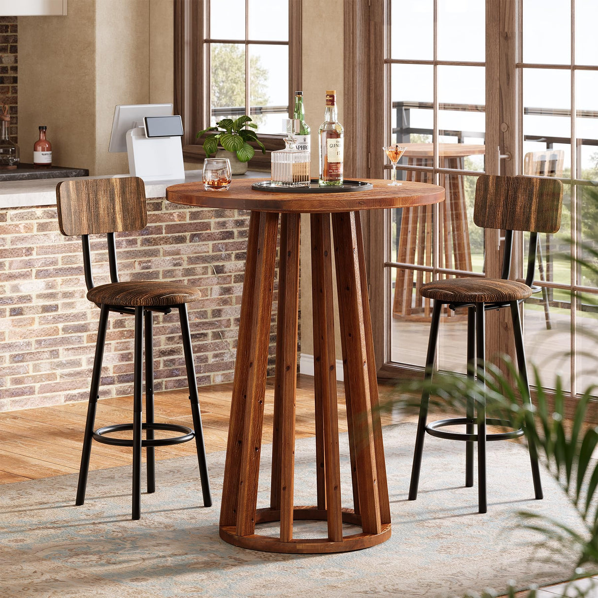 LITTLE TREE Round Bar Table, 37.6 inch H Farmhouse Wooden Bistro Pub Table with Solid Wood Legs, Small Pub Cocktail Tables for Dining, Cafe, Living Room, Apartment, Balcony LITTLE TREE