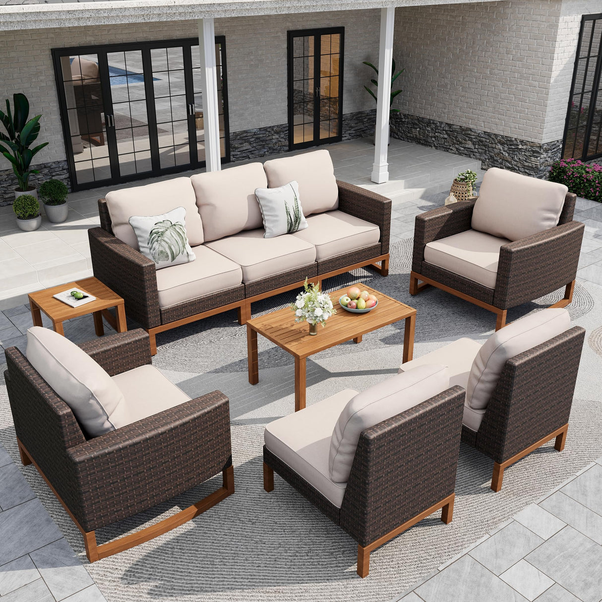 Sophia & William Large Patio Furniture Set, 8 Piece Luxury Rattan Outdoor Sectional Furniture Set, Patio Conversation Set with 3 Armless Sofa, 2 Corner Sofa, 2 Single Sofa, 2 Coffee Table(Beige) Sophia & William