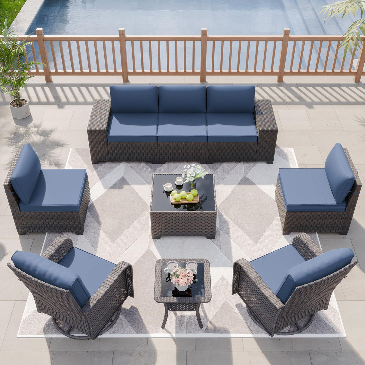 Kurapika 9 Pieces Patio Furniture Set, Rattan Wicker Sofa Set, Outdoor Conversation Sets w/Swivel Rocking Chairs Patio Sectional Sofa w/4 Inch Cushion, Navy Blue Kurapika