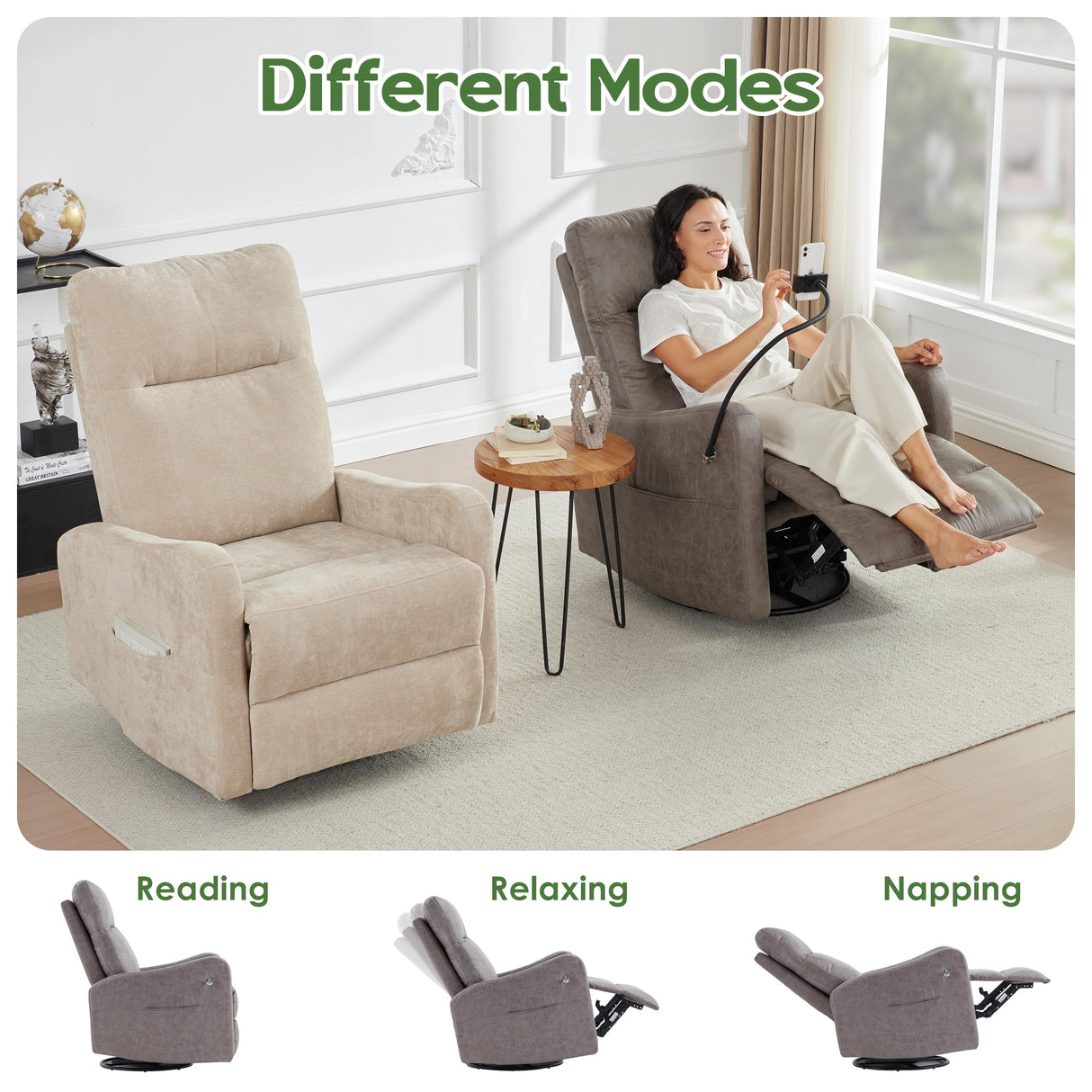 AYEASY Oversized Recliner Chair, Leather Swivel Rocking Chair Reclining with Phone Holder, Ergonomic Lazy Boy Fabric Sofa Chair with Lumbar Support, Manual Glider Chair for Living Room, RV, Grey AYEASY