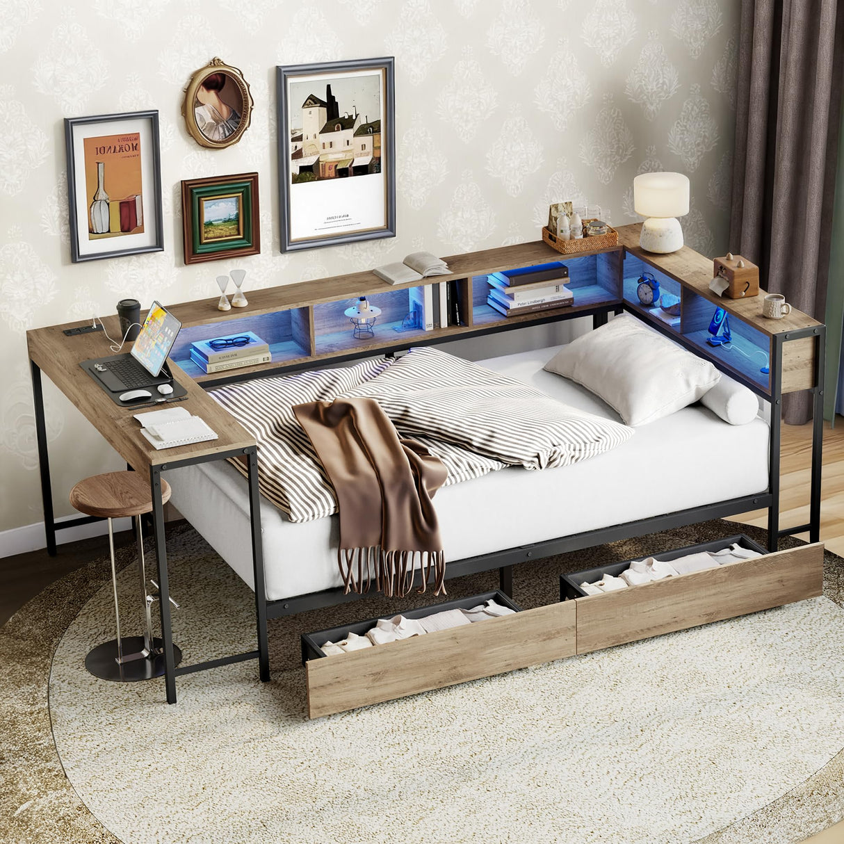 Full Size Corner Bed Frame with LED Lights, Bookcase Headboard, 2 Storage Drawers, Charging Station & Reversible Hutch Desk – Modern Metal Daybed for Bedroom, Guest Room or Living Room, Brown (Full) TTK