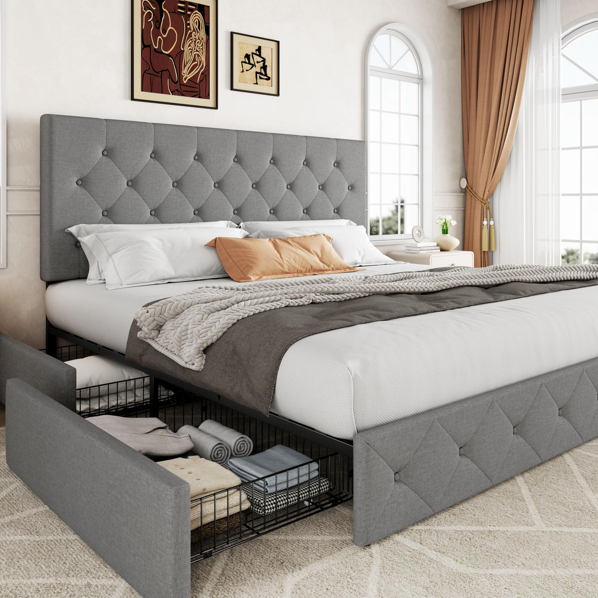 Allewie Upholstered King Size Platform Bed Frame with 4 Storage Drawers and Headboard, Diamond Stitched Button Tufted, Mattress Foundation with Wooden Slats Support, No Box Spring Needed, Light Grey Allewie