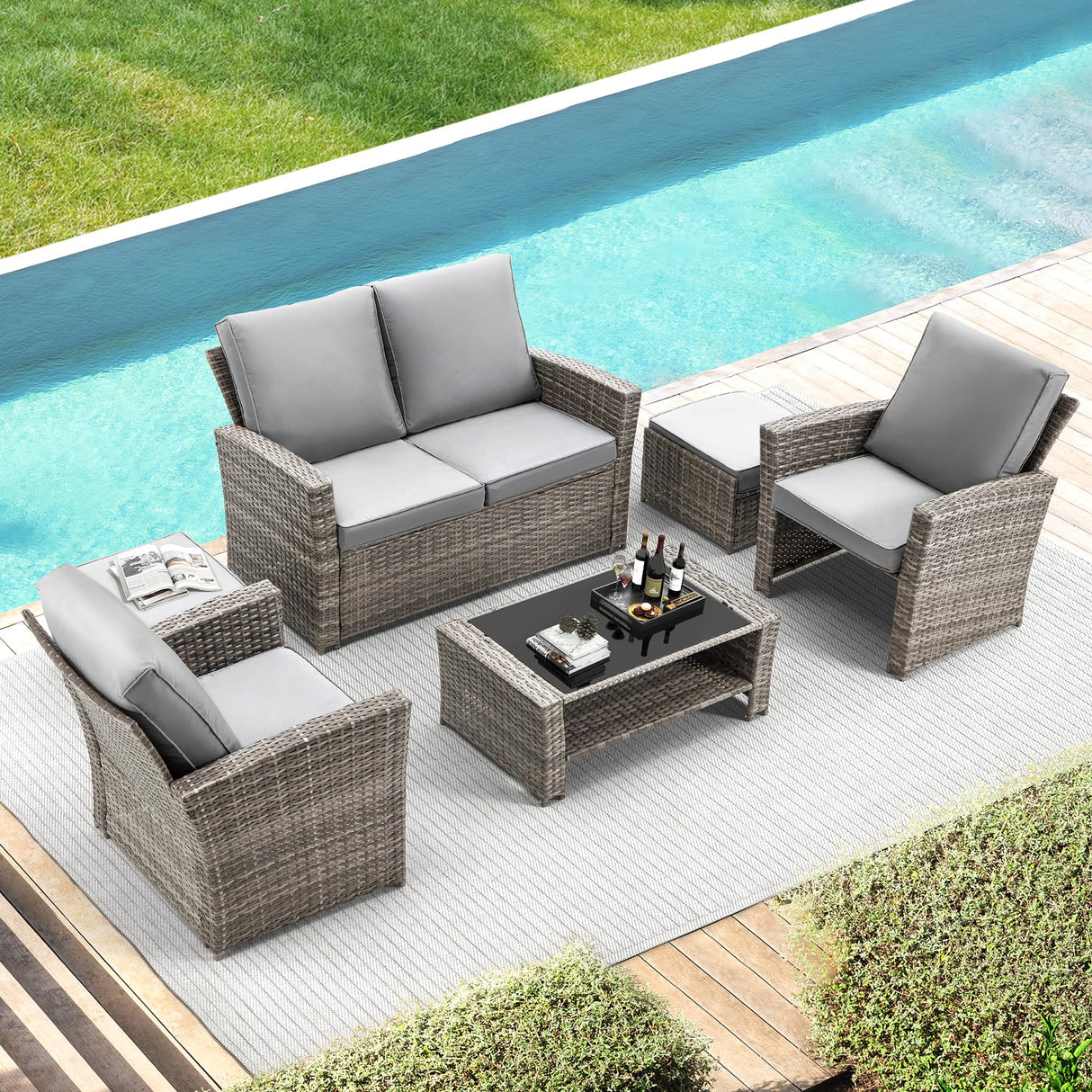 GYUTEI 6 Piece Patio Furniture Set, Outdoor Sectional Conversation Rattan Sofa Set with Ottoman and Outdoor Storage Table for Garden, Porch, Backyard (Dark Gray) GYUTEI