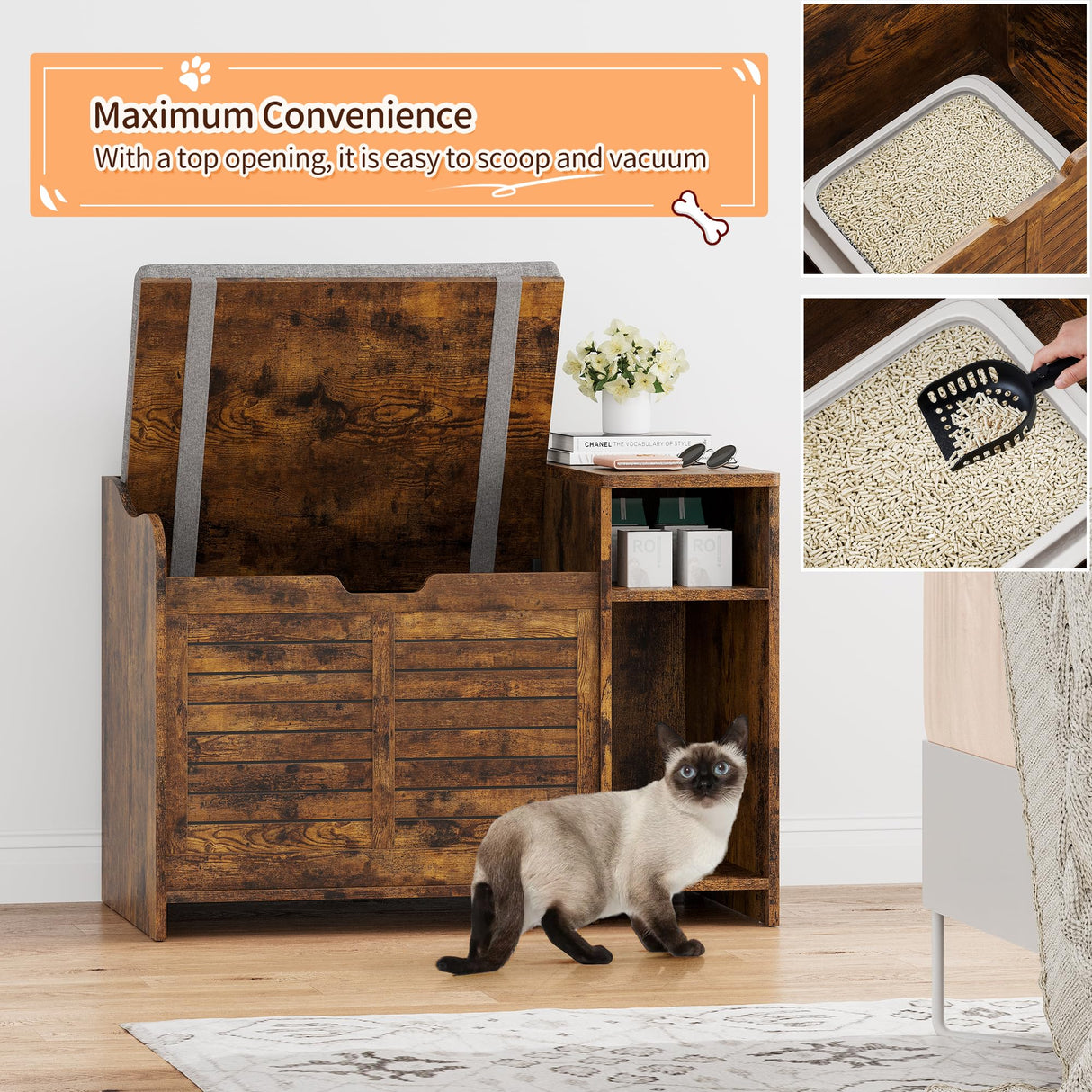 IDEALHOUSE Cat Litter Box Enclosures with Top Opening with Cushion, Cat Litter Box Furniture Hidden, Cat House, Privacy Cat Litter Box Cabinet, Storage Cabinet, Hidden Litter Box Furniture, Brown IDEALHOUSE