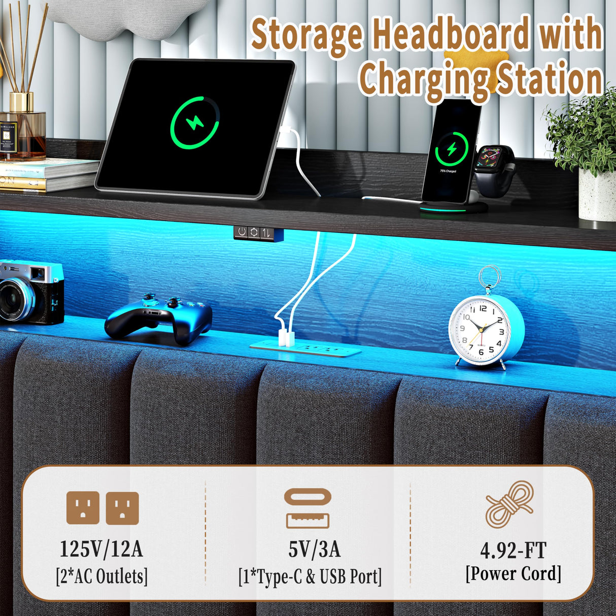 ChicZhiNest Queen Bed Frame with 2 Storage Drawers & Large Footboard Cabinet, LED Lights & USB Charging Station, Linen Upholstered Platform Bed with Headboard, No Box Spring Needed, Dark Grey ChicZhiNest