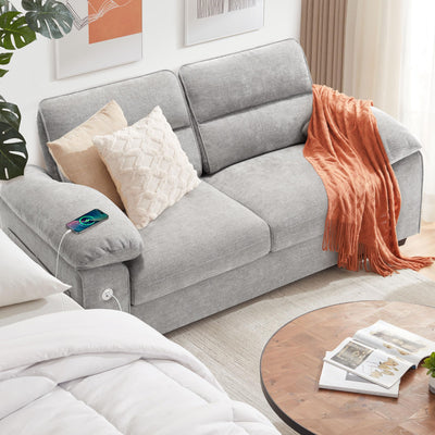 Ihanherry 71.5 Inch Loveseat Pillow-Armrest Sofa with USB/Type-C Charging Port, Modern 2-Seats Sofa for Living Room & Bedroom, Removable Medium Firm Cushion, Breathable Chenille Fabric, Grey