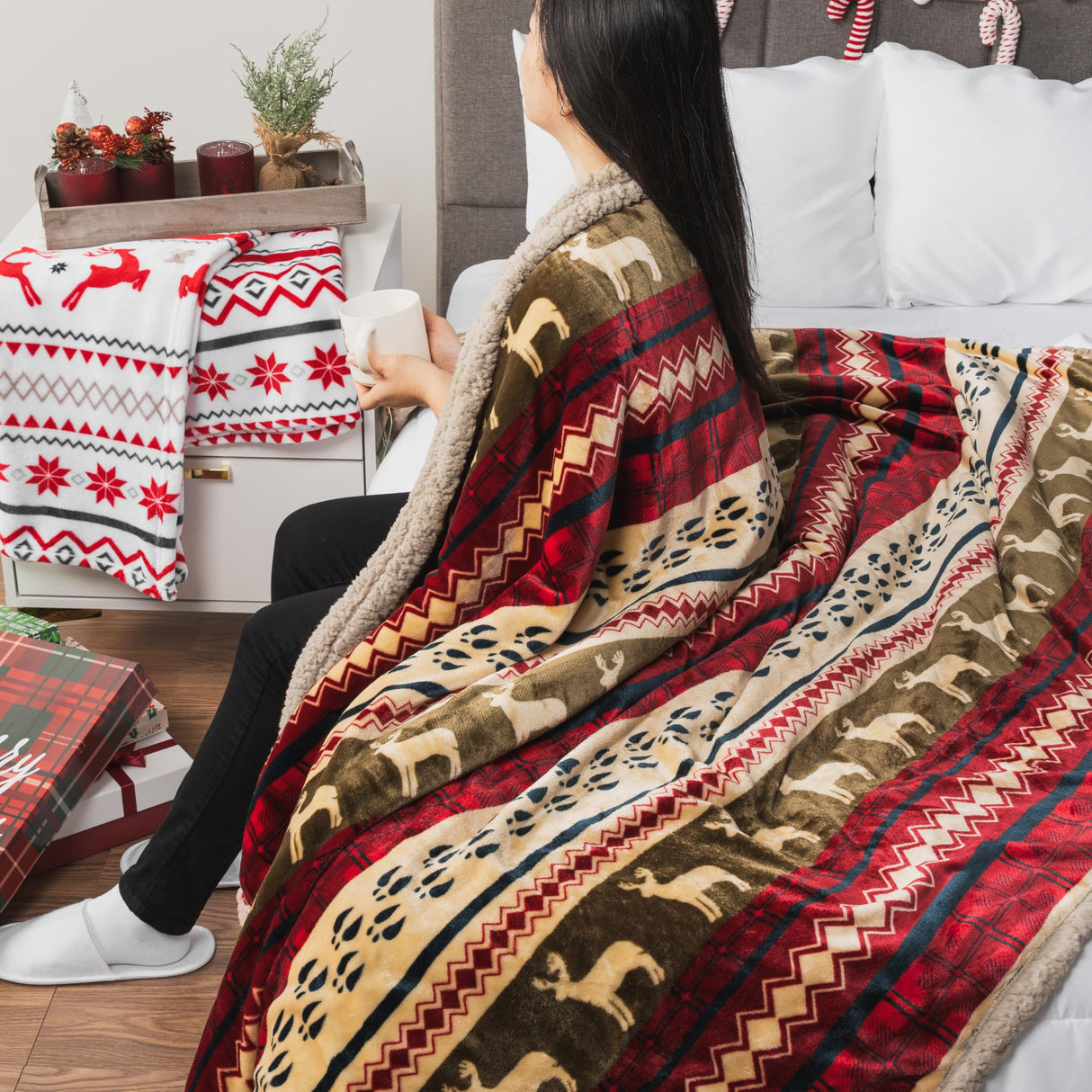 PAVILIA Premium Christmas Blanket Sherpa Fleece Throw| Plush Christmas Decoration, Reindeer, Cozy Reversible Winter Holiday Cabin Blanket for Sofa Couch 50x60 PAVILIA